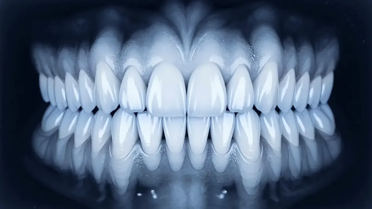A full arch of teeth on a radiograph, seen from the front