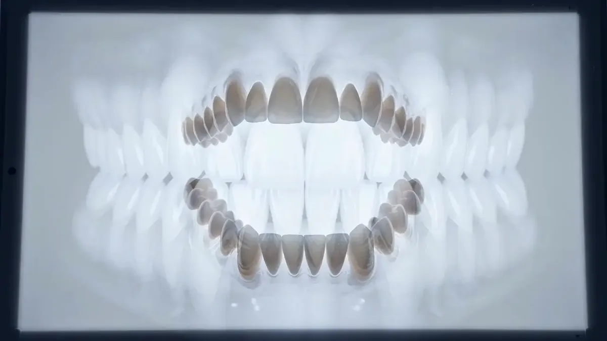 A full arch of teeth on a lit radiograph viewbox, the final frame of the film that runs behind this page